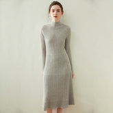 Mock Neck Ribbed Cashmere Knit Midi Dress with Flared Hem